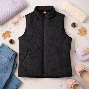 Hanna Andersson Kids Black Floral Quilted Puffer Vest Full Zip Size Small